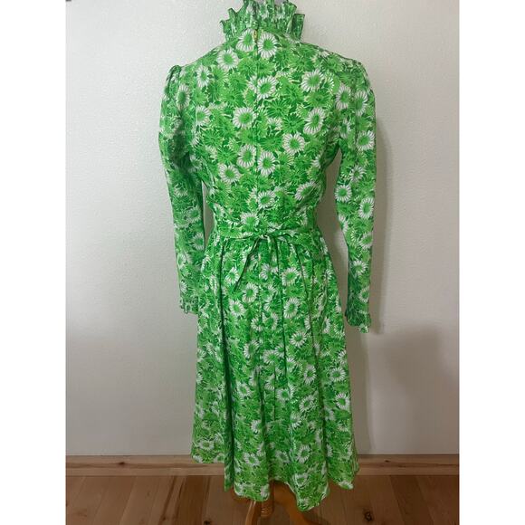 Vintage 1970s green floral ruffle long sleeve matching belt shirt dress SMALL - Picture 5 of 6